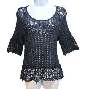 INC Mesh Floral Embroidered Top Womens Small Navy Blue Sheer Knit See Through